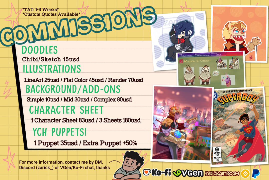 Commission Price Sheet by digital illustrator Zarick. Services include: Doodles and Puppets ($15-$40), Character Sheets ($83-$180), and Full Illustrations ranging from Lineart ($25) to Full Render ($70). Background options: Simple (+$10), Mid (+$30), and C